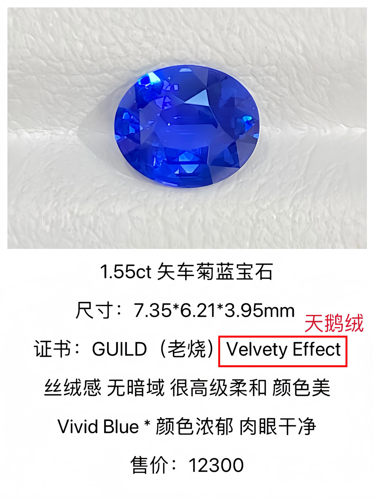 1.55ct 天然矢车菊蓝宝石裸石 天鹅绒 纯净